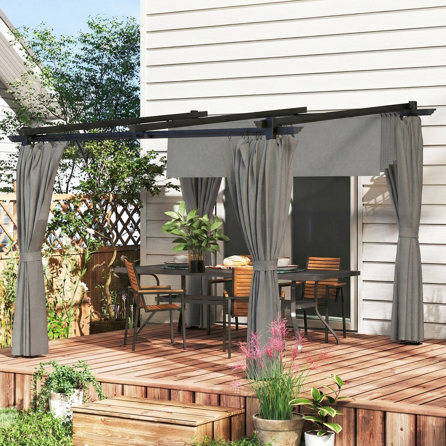 3 x 3 m Retractable Roof Pergola, with Curtains - Light Grey