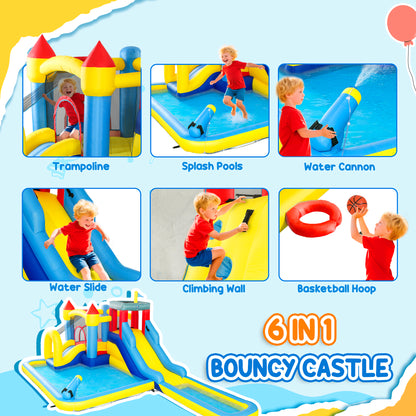 Inflatable Bouncy Castle, Kids Water Bounce House 6 in 1 with 550W Blower, 2 Slides for Garden, Party, Outdoor Indoor