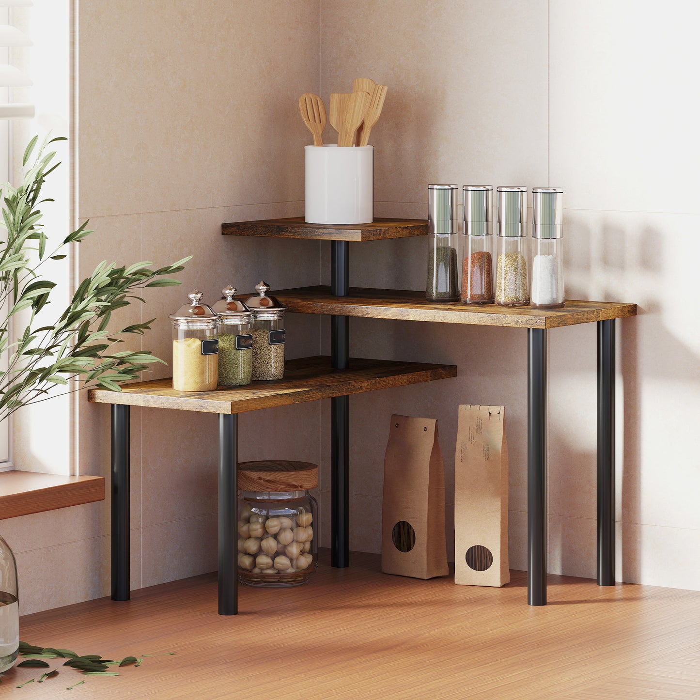 3-Tier Kitchen Countertop Organiser, Adjustable Spice Rack, Corner Shelf for Kitchen, Coffee Bar, Bathroom, Rustic Brown