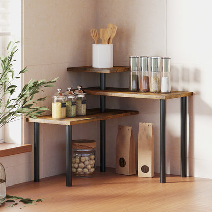 3-Tier Kitchen Countertop Organiser, Adjustable Spice Rack, Corner Shelf for Kitchen, Coffee Bar, Bathroom, Rustic Brown