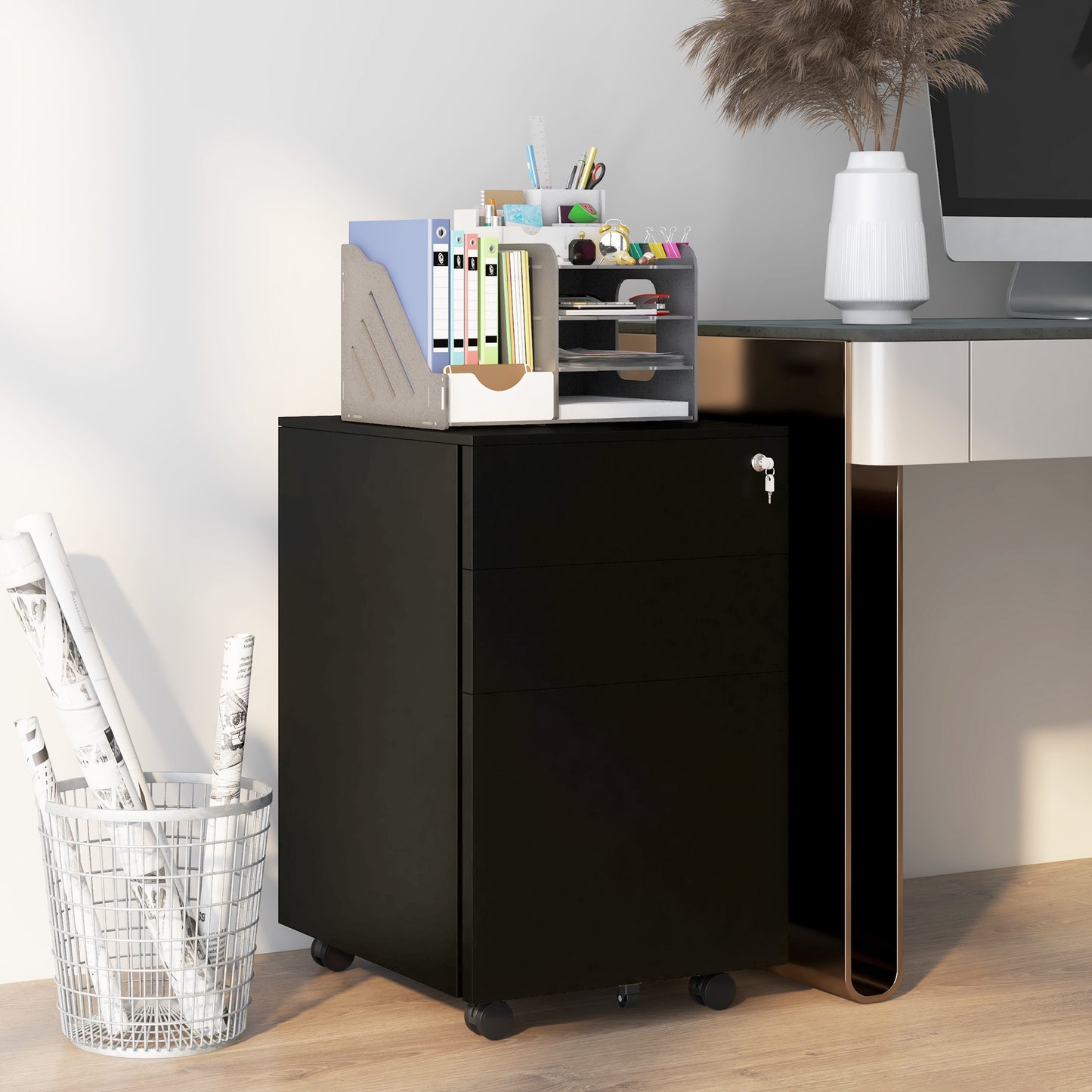3-Drawer Vertical Filing Cabinet with Pencil Tray, Lock and 5 Wheels, Steel Mobile File Cabinet, for A4