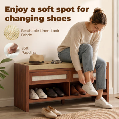 Boho Shoe Bench with 2 Rattan Drawers, Shoe Storage Bench with Cushioned Seat and Open Shelf Brown