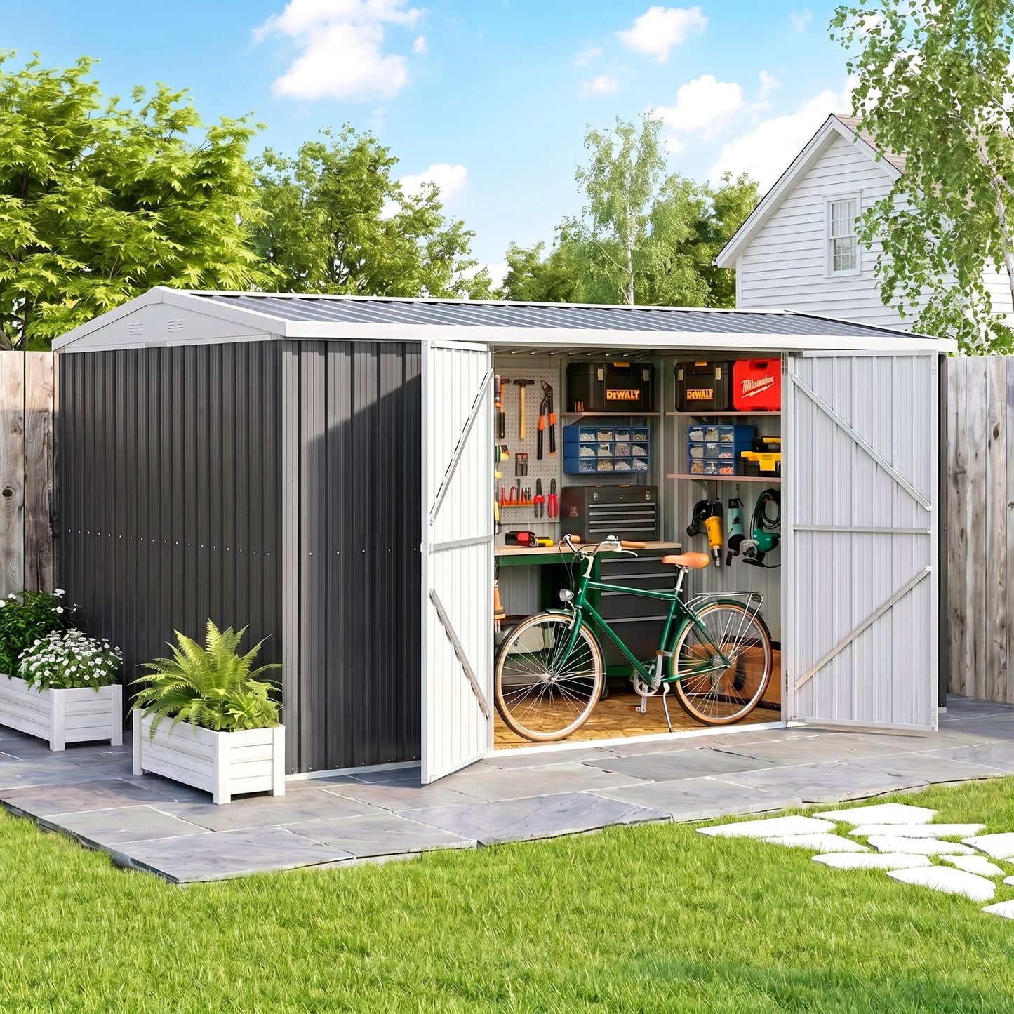 14 x 8ft Outdoor Garden Metal Storage Shed with Lockable Door, Tool Storage Box for Garden, Patio and Lawn, Grey