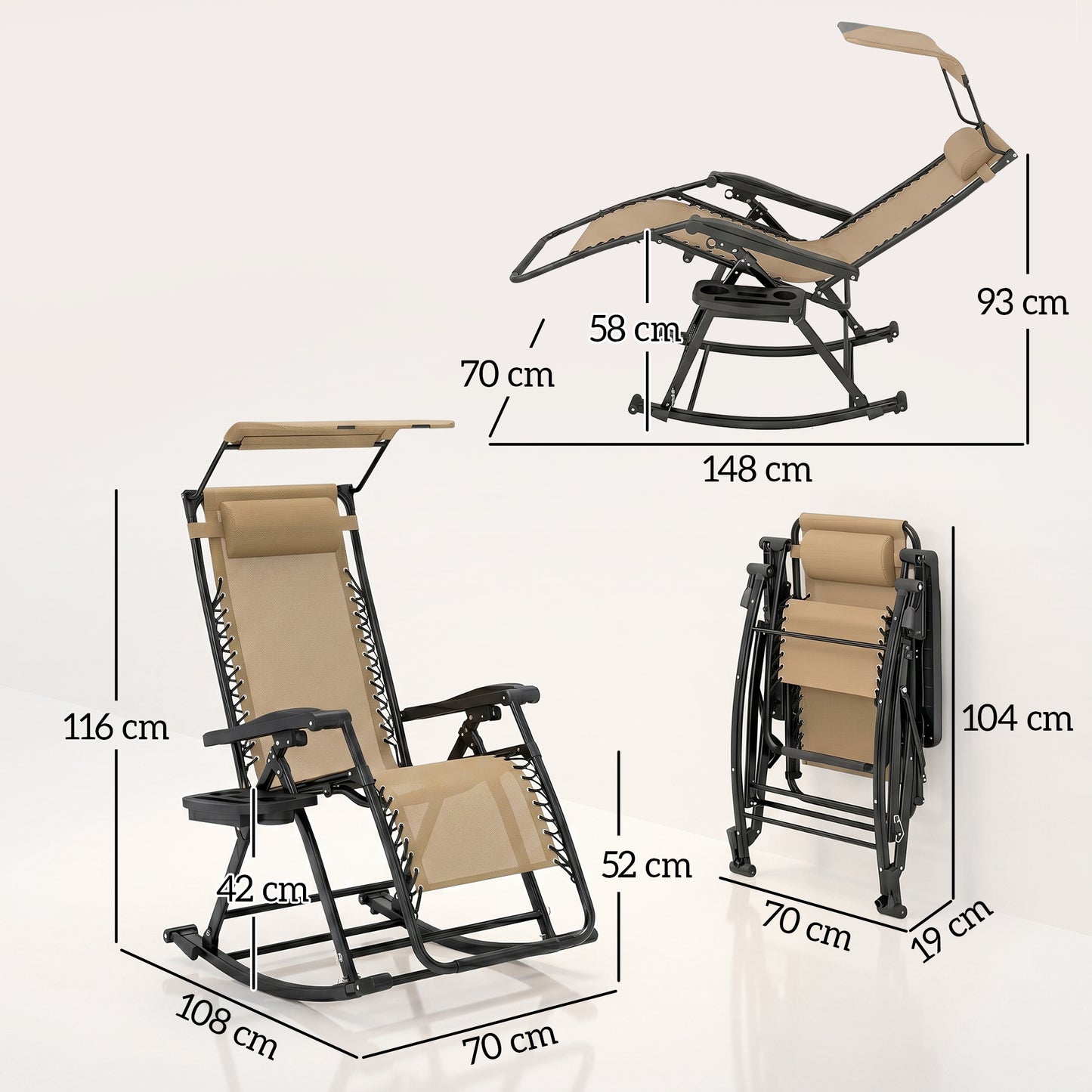 Garden Rocking Chair Folding Recliner Outdoor Adjustable Sun Lounger Rocker Zero-Gravity Seat with Headrest Side Holder Patio