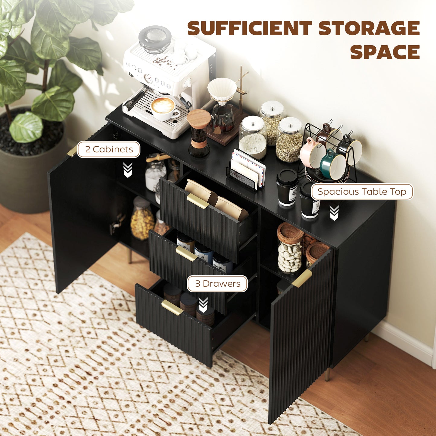 2-Door Sideboard with 3 Drawers and Adjustable Shelves - Black