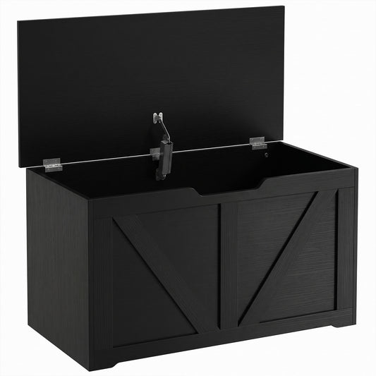 100L Home Storage Box, with Safety Hinge - Black Wood-Effect