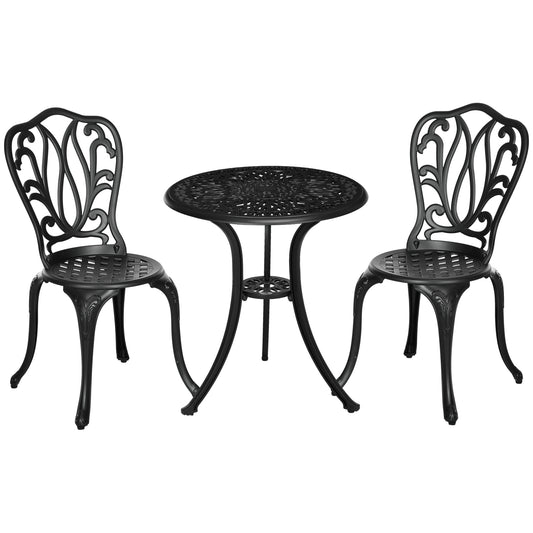 3 Piece Garden Bistro Set, Cast Aluminium Outdoor Furniture Set with Umbrella Hole for Balcony, Porch, Patio, Black