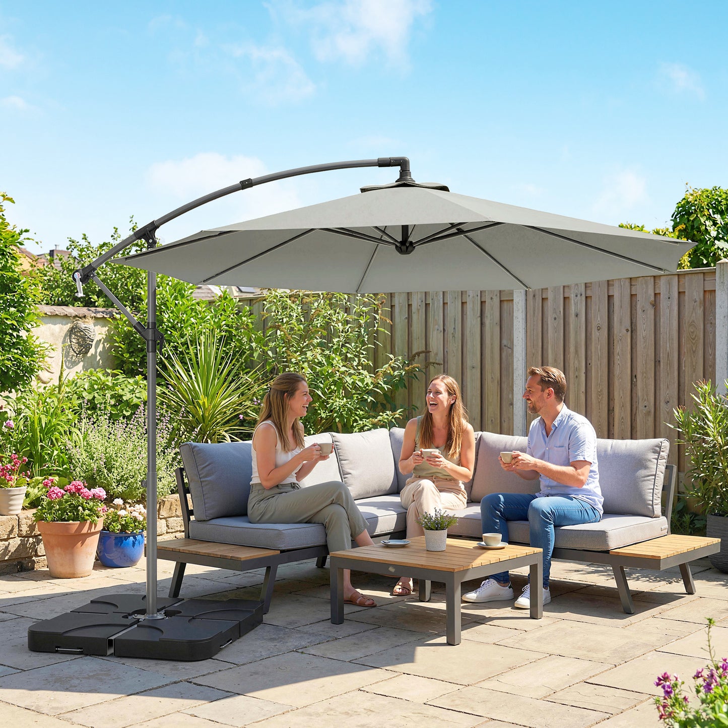 3m Overhanging Parasol, with Base, Weights and Cover - Light Grey