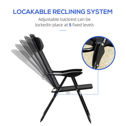 Set of 2 Portable Folding Recliner Metal Outdoor Patio Chaise Lounge Chairs with Adjustable Backrest, Black