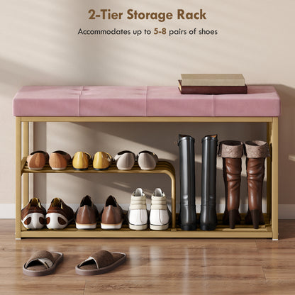 Bench and Shoe Storage, Tufted Shoe Storage Bench with Velvet Seat Cushion Gold Steel Frame for Entryway, Pink