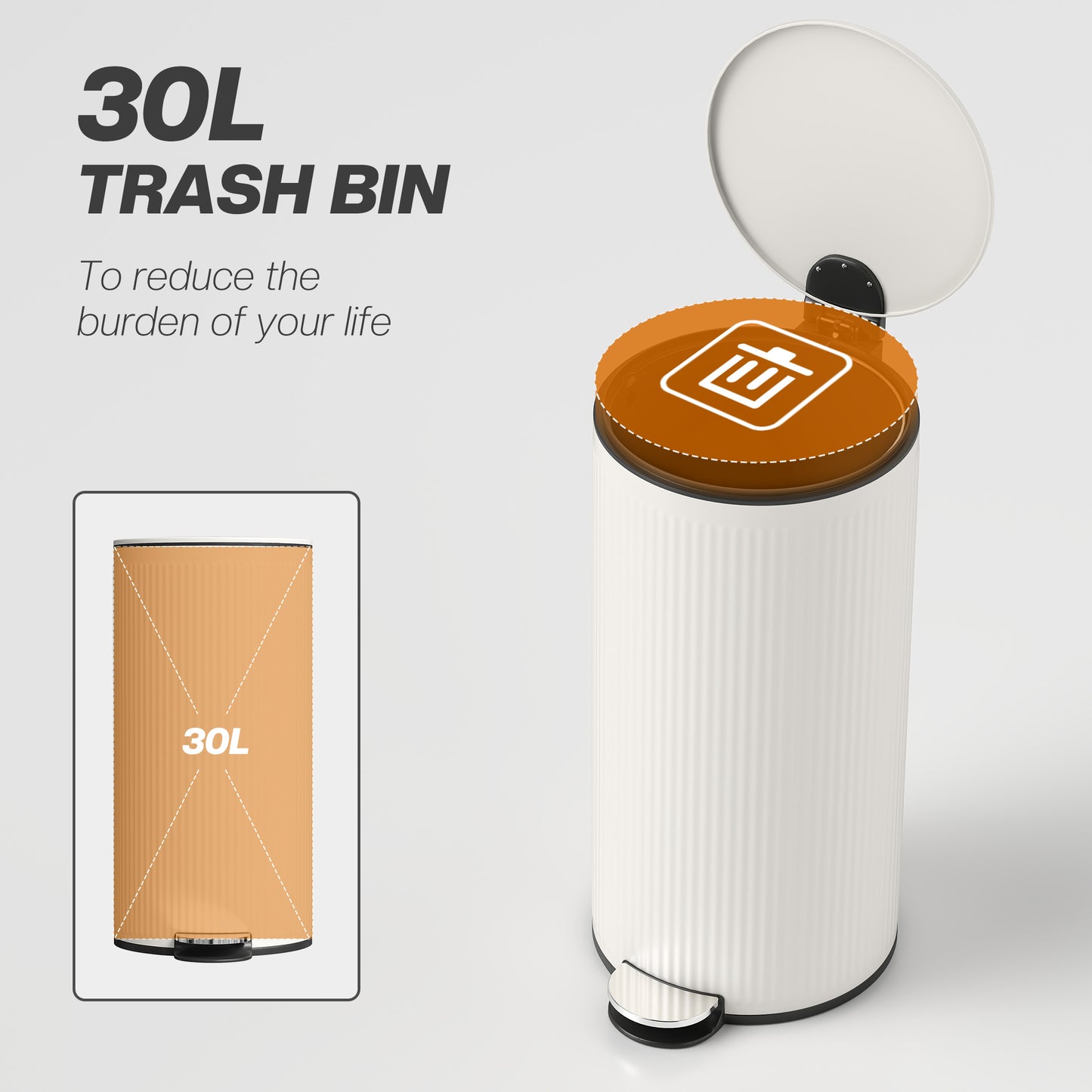 Kitchen Bin, 30 Litre Pedal Rubbish Bin with Removable Bucket, Cream