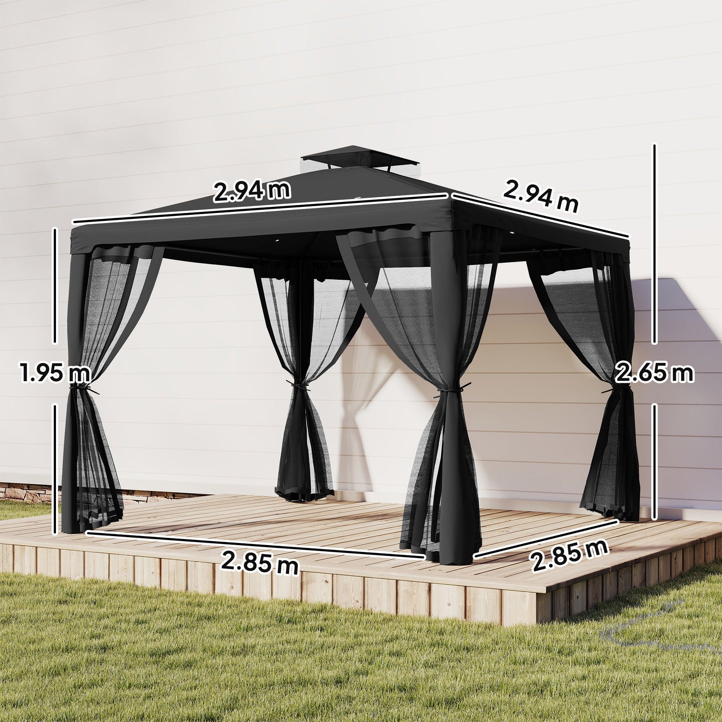 3 x 3 m Metal Gazebo, Garden Pavillion, Double Roof Outdoor Canopy Shelter with Mesh Sidewalls, Black