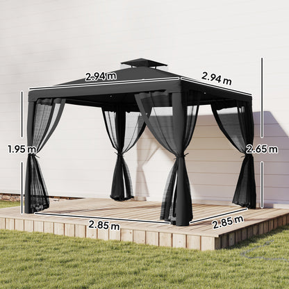 3 x 3 m Metal Gazebo, Garden Pavillion, Double Roof Outdoor Canopy Shelter with Mesh Sidewalls, Black