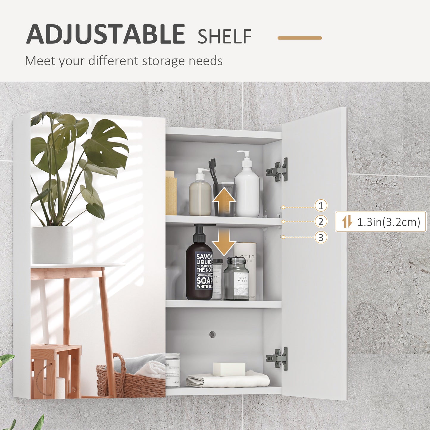Bathroom Mirror Cabinet, Wall Mounted Bathroom Storage Cupboard with Adjustable Shelf, 60W x 15D x 60Hcm, High Gloss White