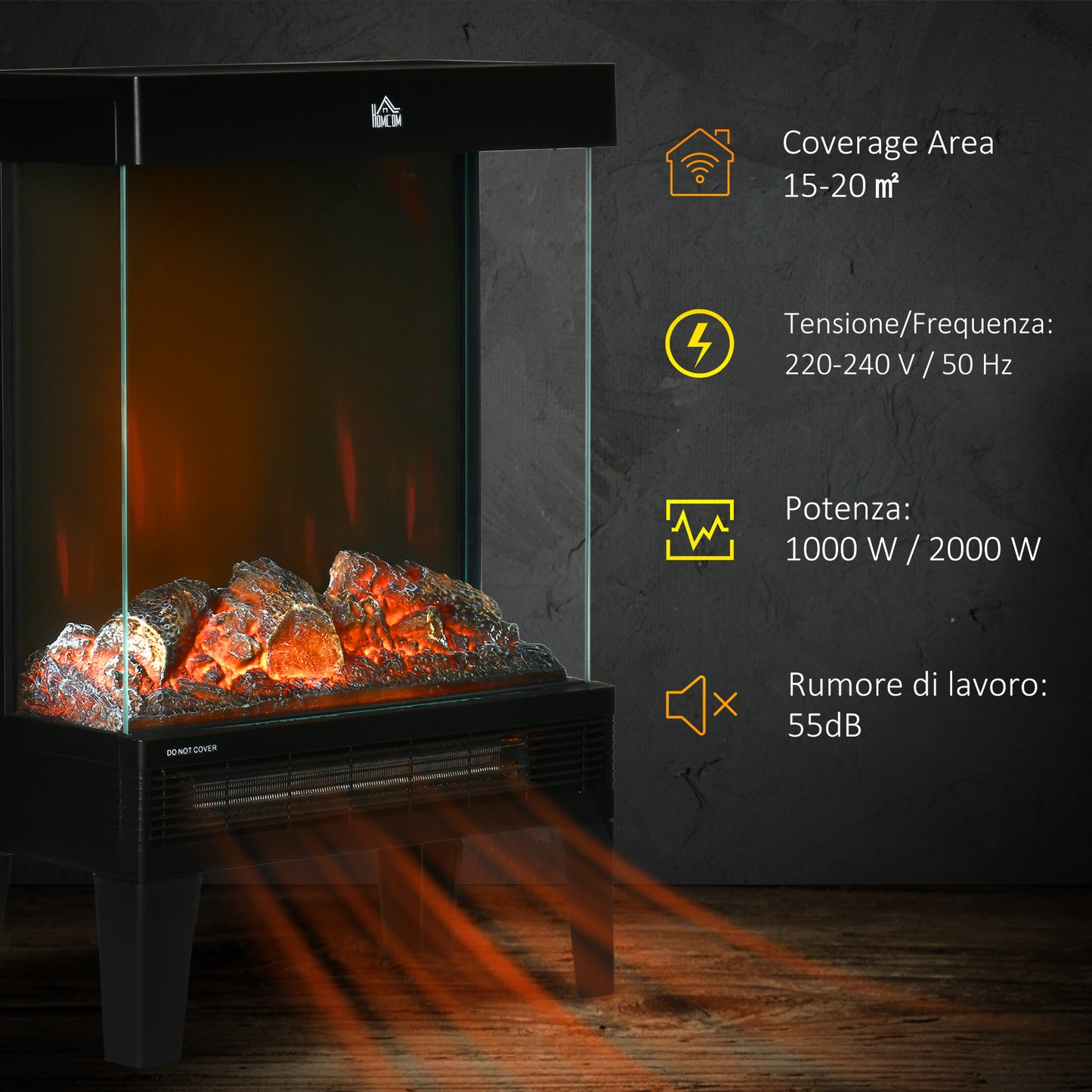 180° Charming Electric Fireplace Heater, Quiet Freestanding Stove with LED Flame Effect, 3-Sided Tempered Glass Panels