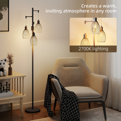 3-Light LED Floor Lamp, 170cm Industrial Dimmable Standing Lamp with Steel Wire Cage Lampshades, 2700K for Living Room