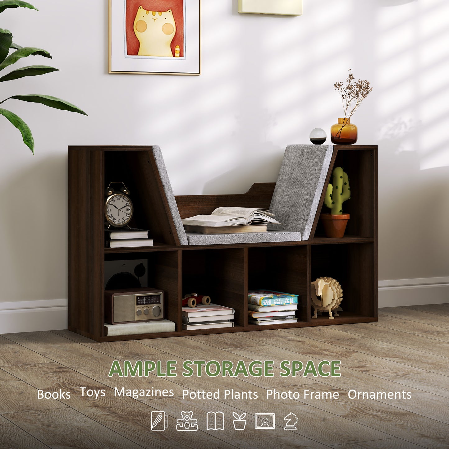 Bookcase Storage Shelf with Cushioned Reading Seat, Cube Bookshelf Organizer for Bedroom Living Room, Chestnut