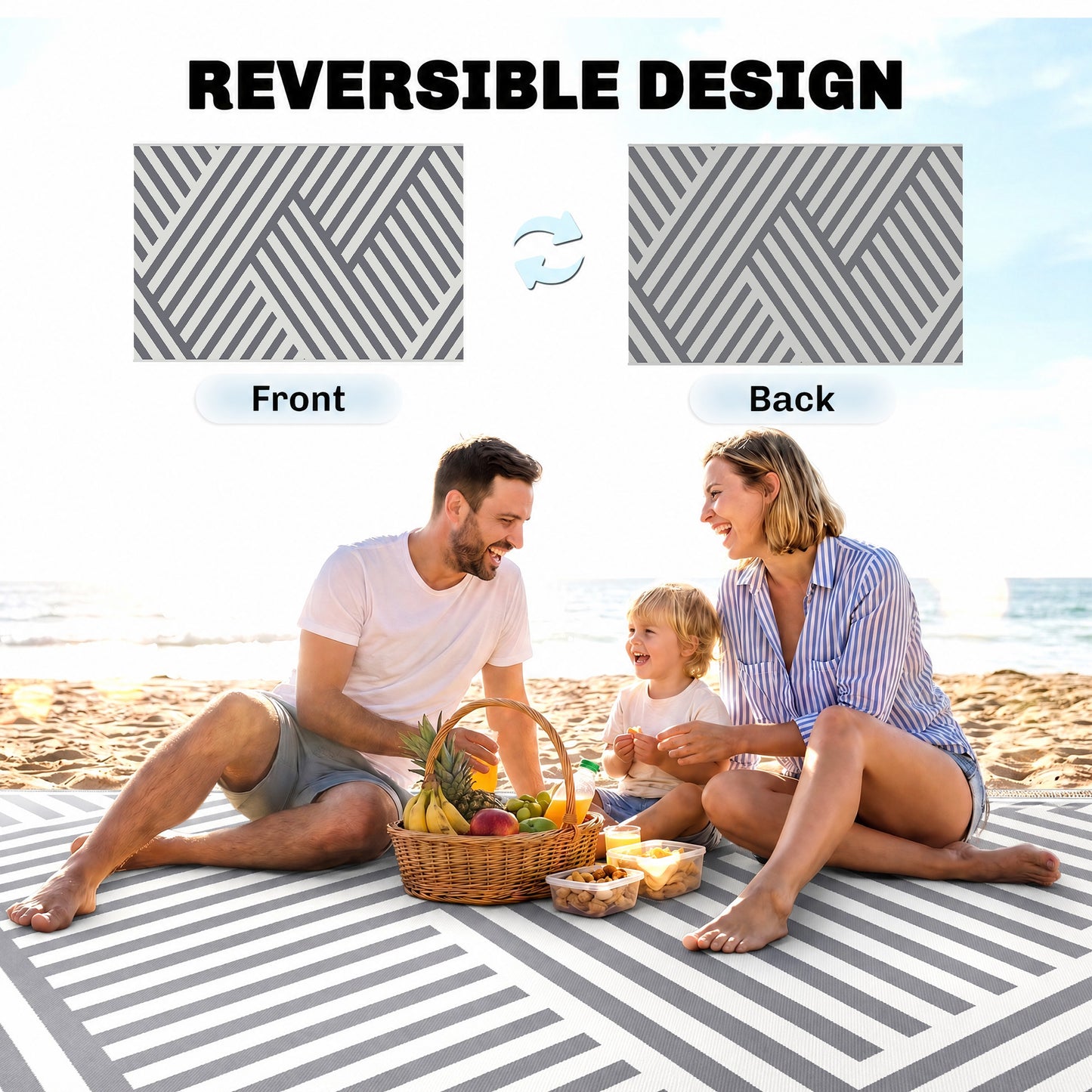 Plastic Straw Reversible RV Outdoor Rug with Carry Bag, 182 x 274cm, Grey and Cream
