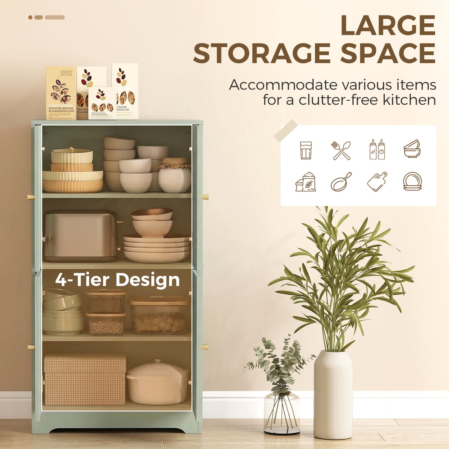 4-Door Kitchen Storage Cabinet with Adjustable Shelves - Green