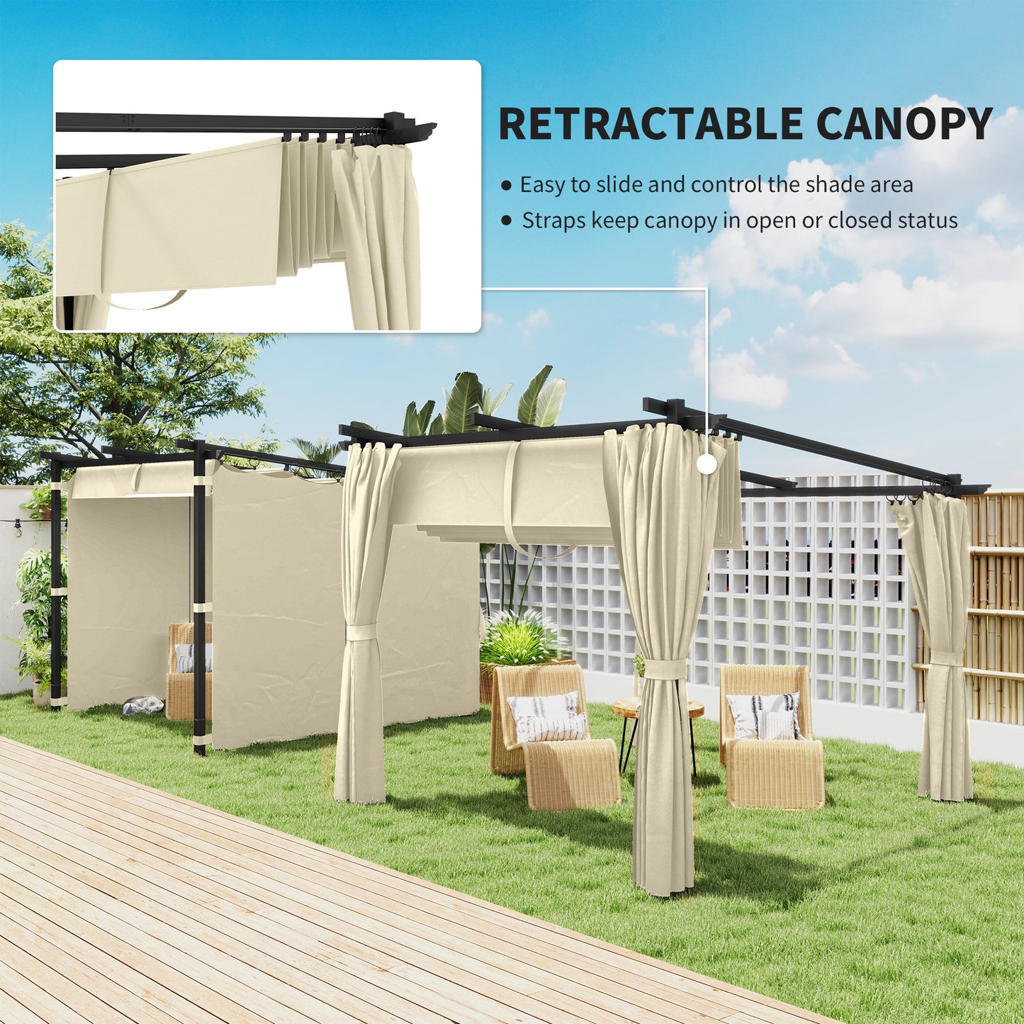 3 x 3 m Retractable Roof Pergola, with Curtains - Beige