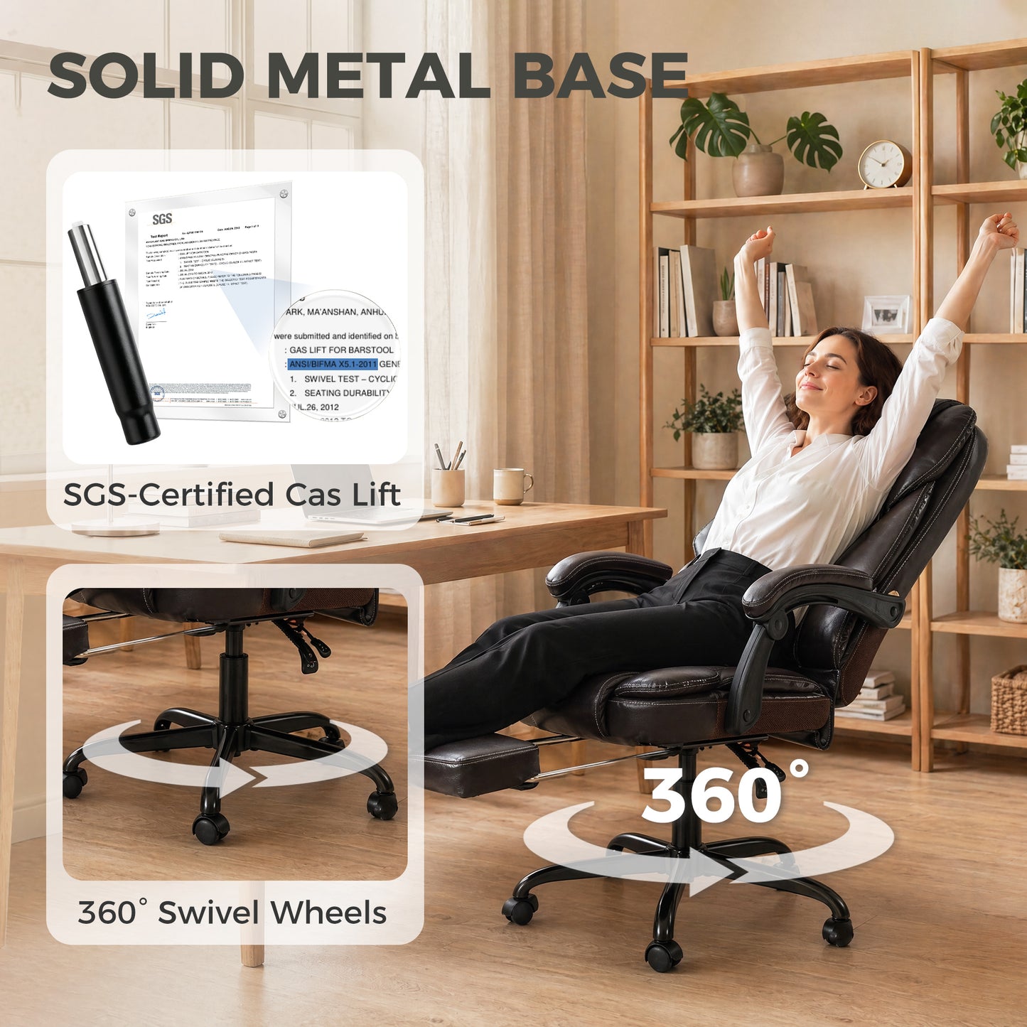 Executive Home Office Chair Reclining Function Footrest Computer Desk Chair High Back, Brown