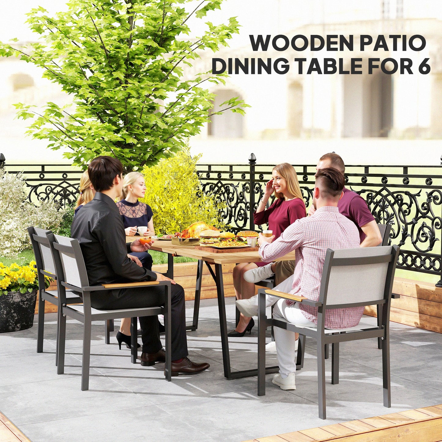 6 Seater Wooden Garden Dining Table, 175 x 80 cm Rectangular Outdoor Dining Table with 5cm Parasol Hole and Slatted Top