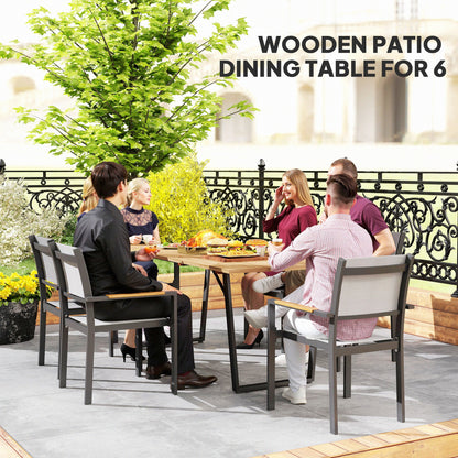 6 Seater Wooden Garden Dining Table, 175 x 80 cm Rectangular Outdoor Dining Table with 5cm Parasol Hole and Slatted Top