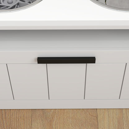 Raised Dog Bowl with Slow Feeder, Two Stainless Steel Dog Bowls, Drawer, for Large and Extra Large Dogs, White