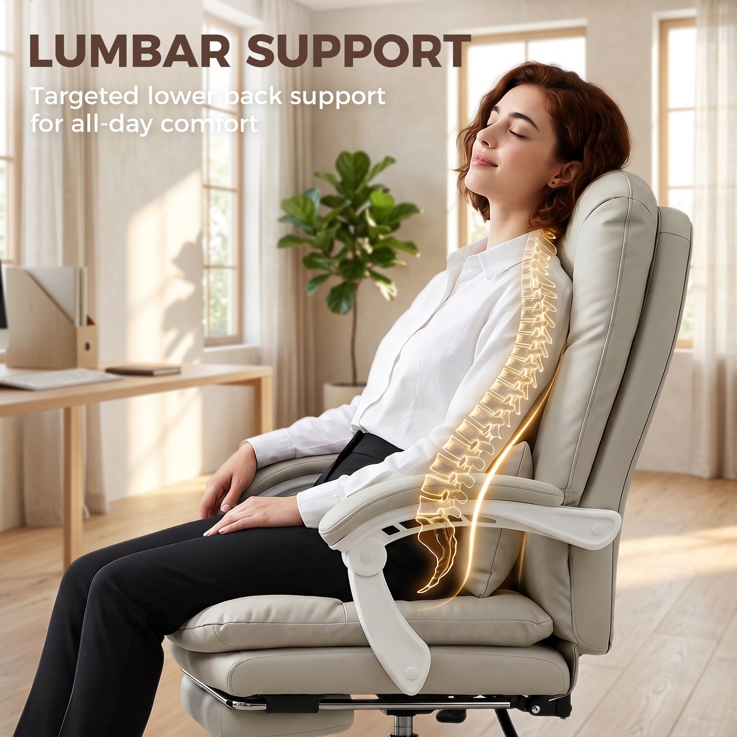 Ergonomic Executive Office Chair, Reclining Desk Chair with Lumbar Support, Footrest, Plush Thick Cushion, Khaki