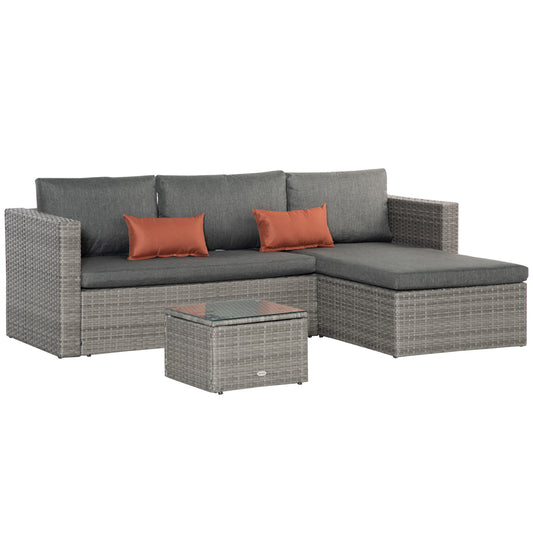 3 Pieces Outdoor PE Rattan Sofa Set, Patio Wicker Conversation Chaise Lounge Furniture w/ Tempered Glass Table-top & Soft Pad