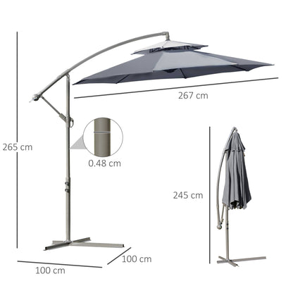 2.7m Garden Banana Parasol Cantilever Umbrella with Crank Handle, Double Tier Canopy and Cross Base for Outdoor