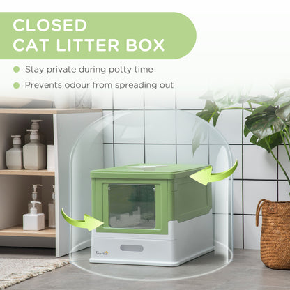Hooded Cat Litter Box, Portable Pet Toilet, with Scoop, Front Entry - Emerald Green