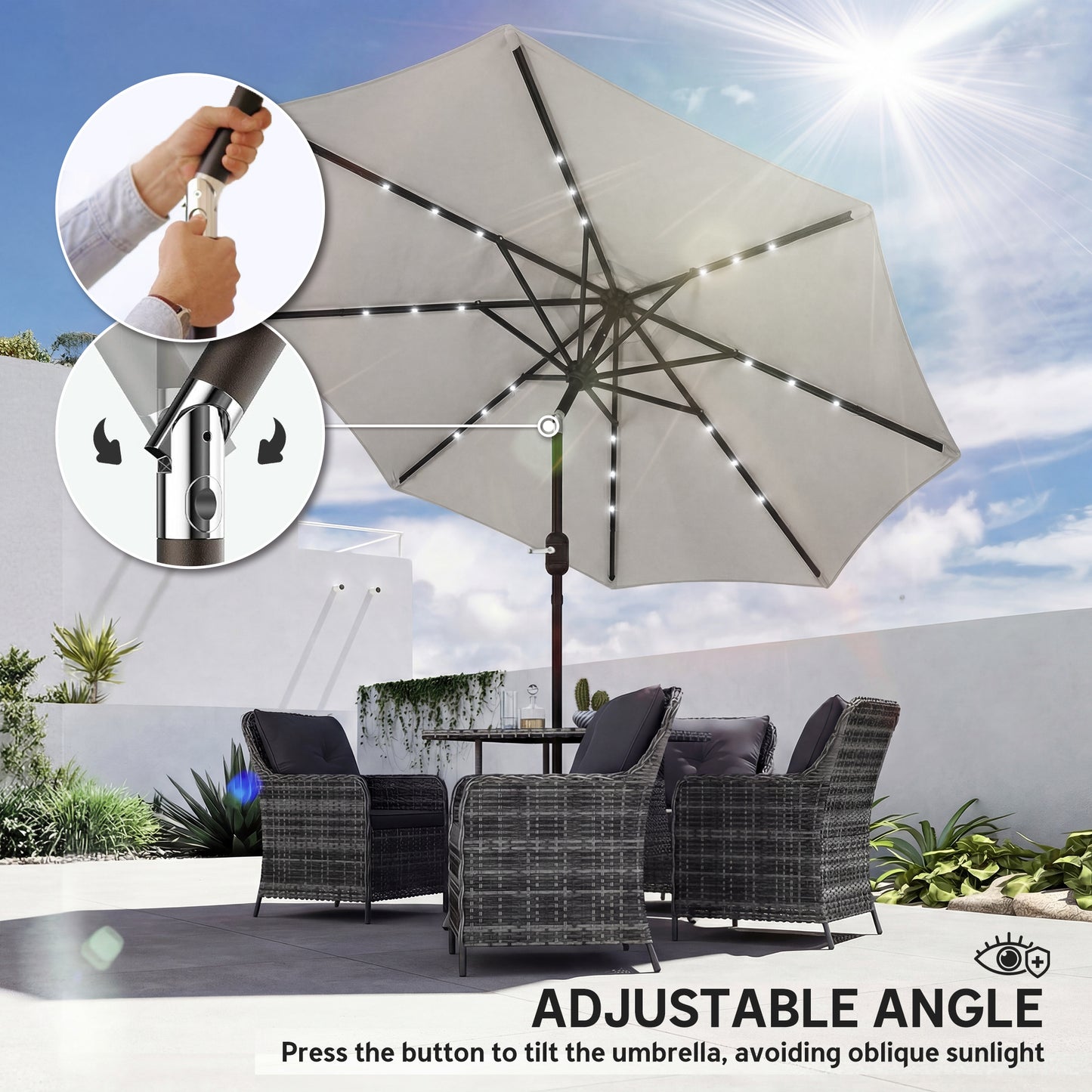 2.6 m Garden Parasol Umbrella with LED Solar Light, Parasol Cover, Outdoor Market Patio Umbrella, Light Grey