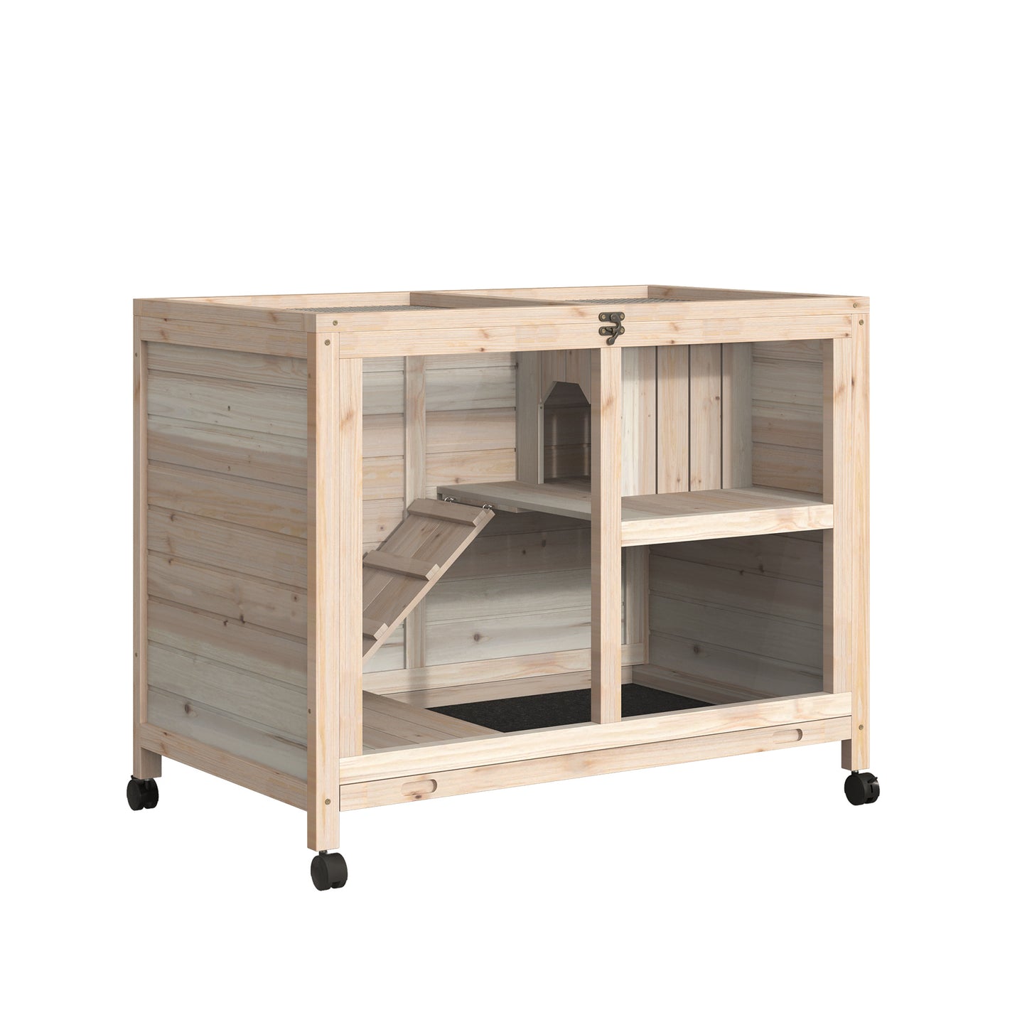 Rabbit Hutch Indoor with Wheels, Wooden Guinea Pig House Hamster Cage, 2 Layers Bunny Cage with Openable Roof