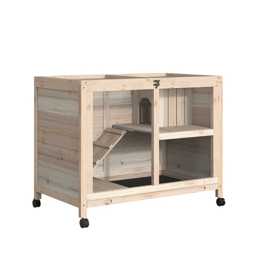 Rabbit Hutch Indoor with Wheels, Wooden Guinea Pig House Hamster Cage, 2 Layers Bunny Cage with Openable Roof