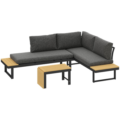 4 Seater L Shaped Aluminium Sectional Garden Furniture Set with 2 Loveseats and Wood-Plastic Coffee Table - Natural Wood