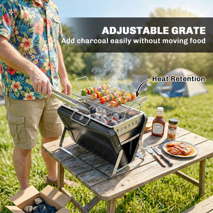 Charcoal BBQ Grill Portable Stainless Steel Barbecue with Tilting Grate for Camping Picnic Garden Black