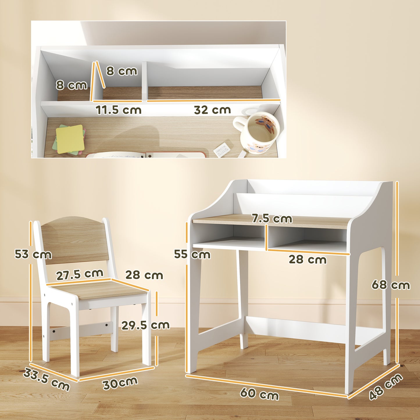 Kids Desk and Chair Set, Children Study Table with Storage and Shelves for Study Room, Gift for 3-8 Years, Natural