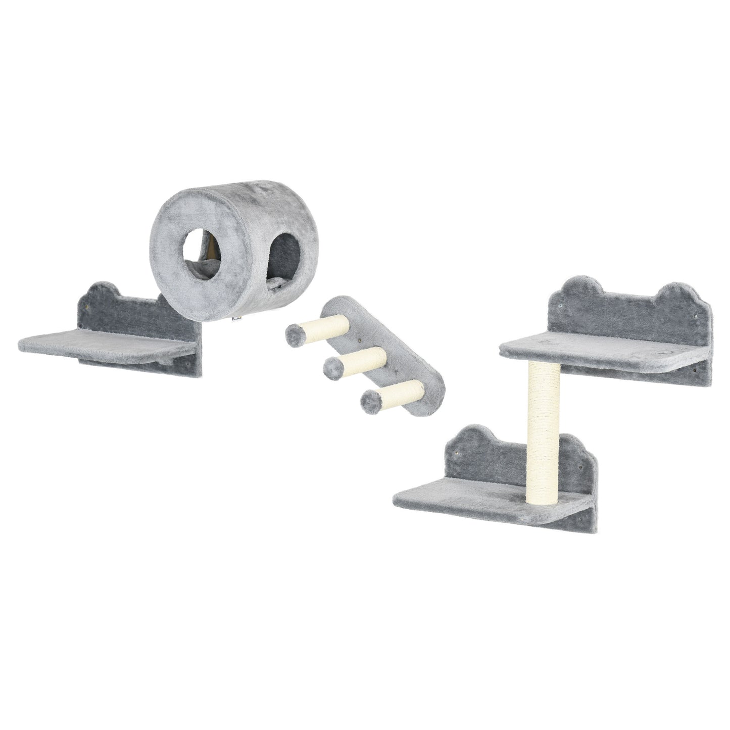 4PCs Wall-Mounted Cat Tree, with Steps, Perch, Cat House - Grey