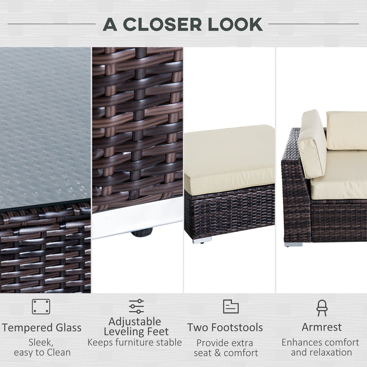 6 PC Rattan Sofa Coffee Table Set, Sectional Wicker Weave Furniture for Garden Outdoor Conservatory with Pillow Cushion