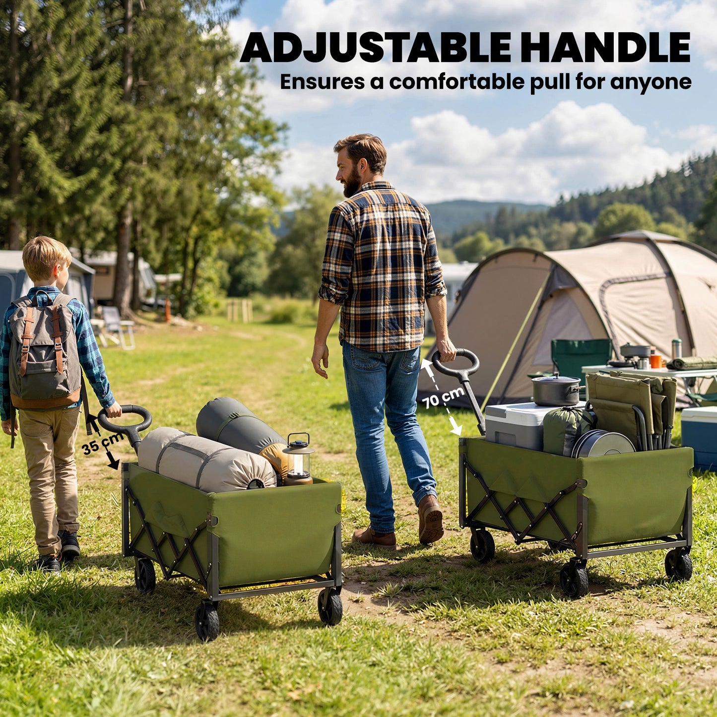 60L Foldable Festival Trolley on Wheels, Collapsible Wagon Cart with Drop-Down Tailgate, Adjustable Handle, Green