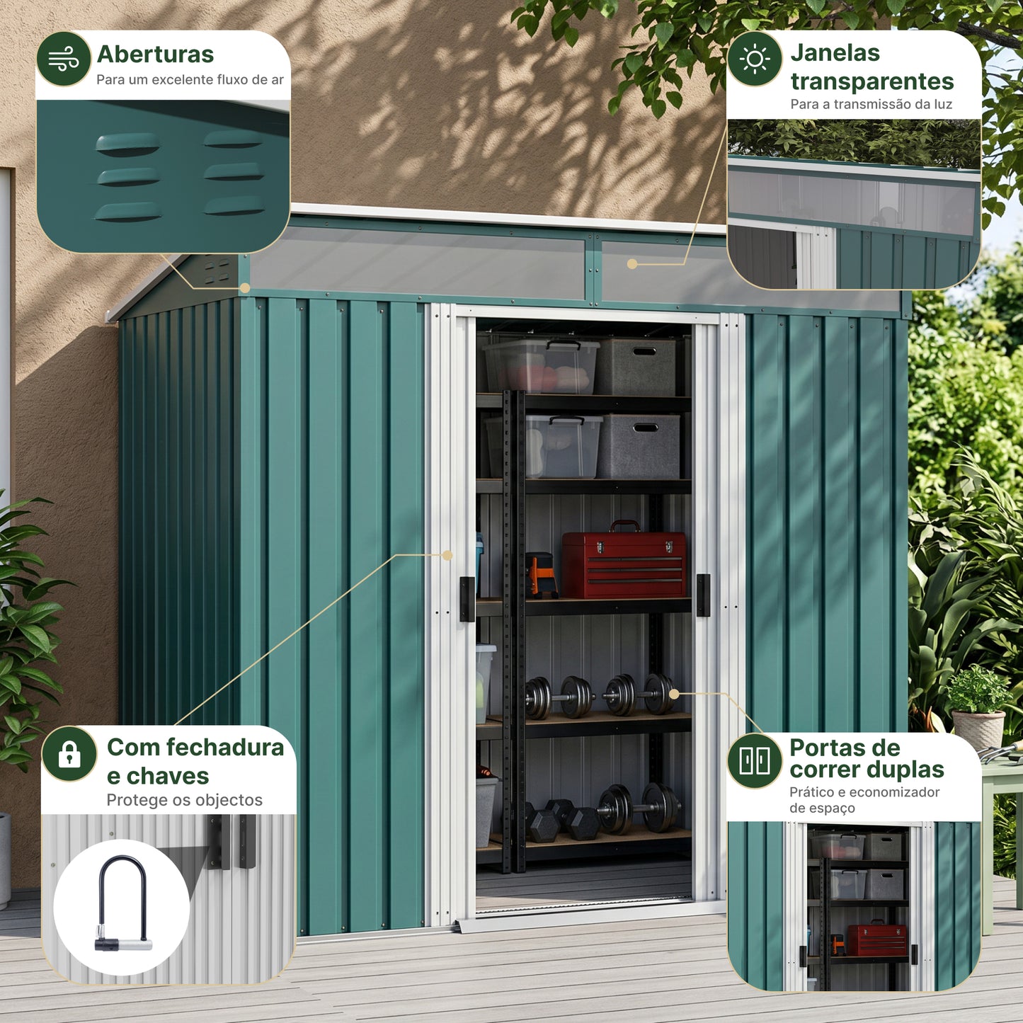 6.5 x 4FT Galvanised Metal Shed with Foundation Kit, Lockable Tool Garden Shed with Double Sliding Doors, Vents, Green