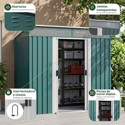 6.5 x 4FT Galvanised Metal Shed with Foundation Kit, Lockable Tool Garden Shed with Double Sliding Doors, Vents, Green