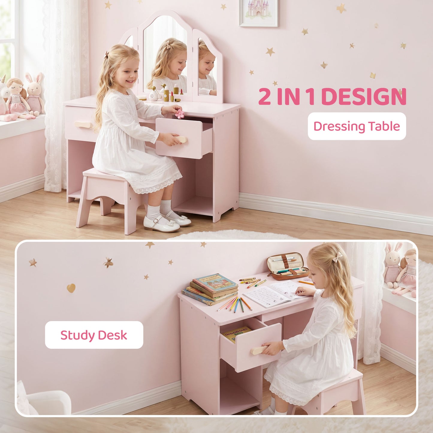 Kids Dressing Table, Kids Vanity Table and Chair Set with Tri-Folding Mirror, 2 Drawers, 2 Cabinets for Girls 3+, Pink