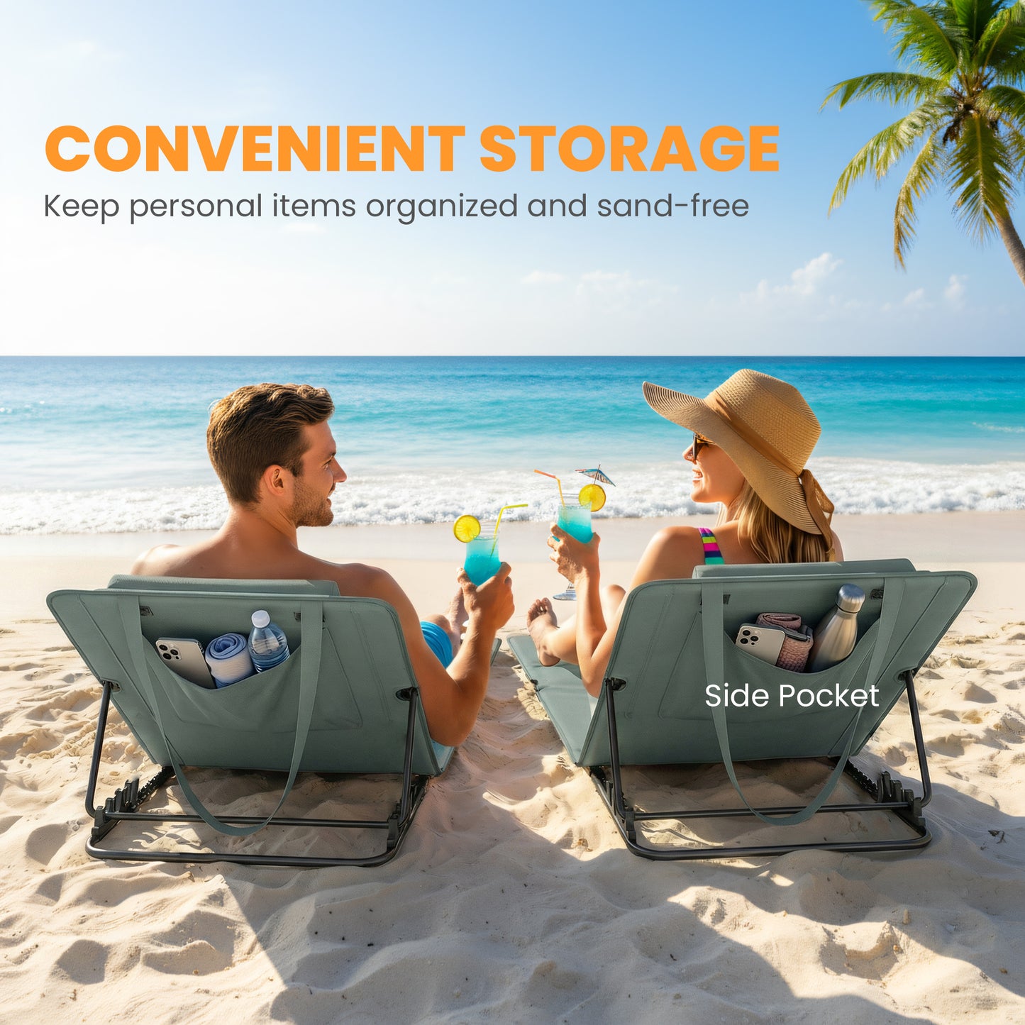 Foldable Sun Loungers Set of 2, Portable Folding Beach Lounger with 4-level Adjustable Backrest, Grey