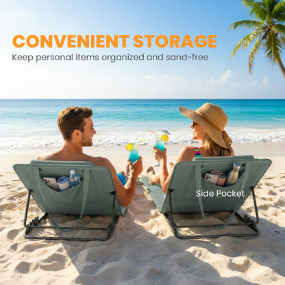 Foldable Sun Loungers Set of 2, Portable Folding Beach Lounger with 4-level Adjustable Backrest, Grey
