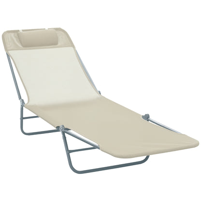 Folding Sun Lounger, Texteline Reclining Sun Bed with 5 Position Adjustable Backrest, Headrest, Beige