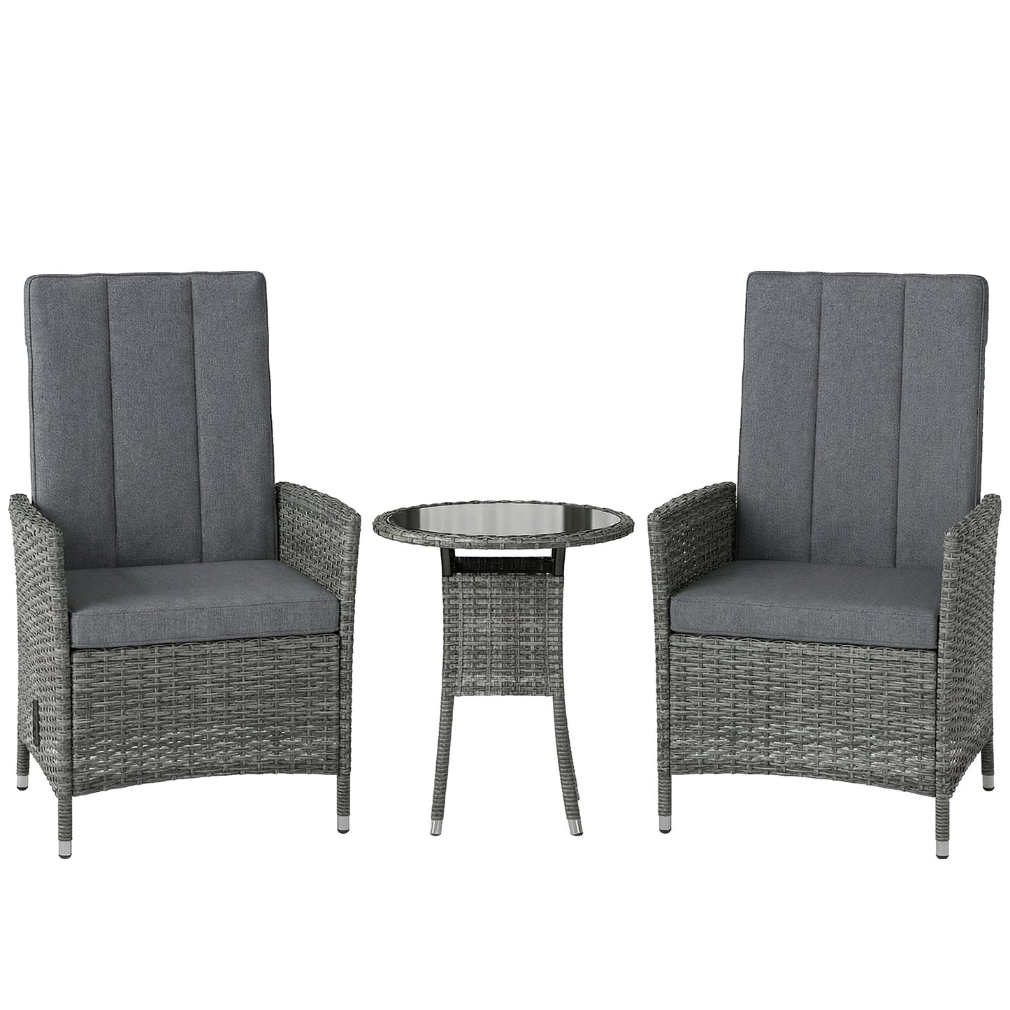 Rattan Bistro Set, Reclining Garden Chairs and Glass Coffee Table with Cushions for Patio Balcony Porch, Grey
