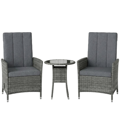 Rattan Bistro Set, Reclining Garden Chairs and Glass Coffee Table with Cushions for Patio Balcony Porch, Grey