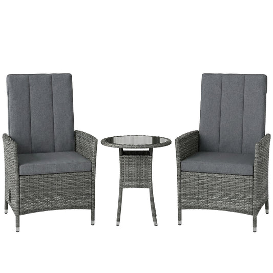 Rattan Bistro Set, Reclining Garden Chairs and Glass Coffee Table with Cushions for Patio Balcony Porch, Grey
